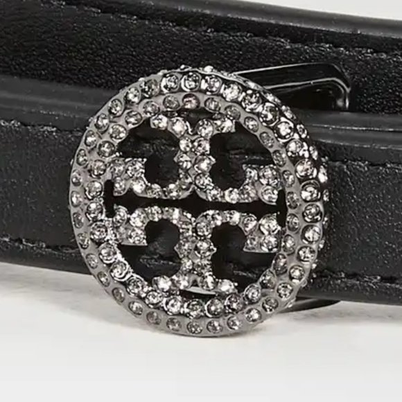 Tory Burch Skinny Embellished Logo Belt Black Rhinestones Crystals Leather - Picture 9 of 13